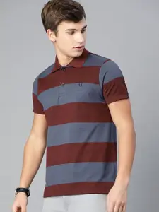 Urbano Fashion Men Maroon  Grey Striped Polo Collar Pure Cotton T-shirt