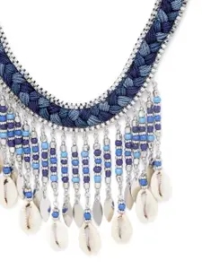RICHEERA Blue Silver-Plated Beaded Sea Shell Detail Braided Tribal Necklace