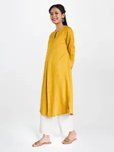 Global Desi Women Mustard Yellow Solid A-Line Kurta