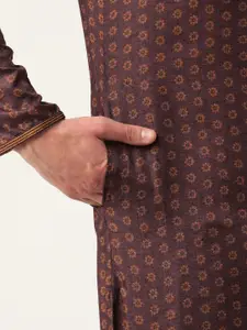 Manyavar Men Burgundy & Golden Printed Kurta with Churidar