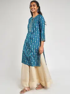 Global Desi Women Teal Blue & Golden Eco Vero Ethnic Motifs Printed Keyhole Neck Kurta