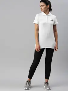 Puma Women White Brand Logo Printed ESS Polo Collar T-shirt