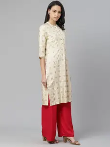 W Women Beige & Golden Printed Straight Kurta