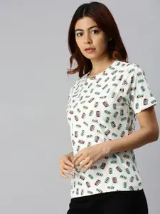 JUNEBERRY Women White & Blue Cotton Printed Round Neck T-shirt