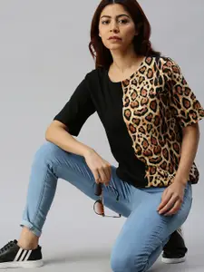 JUNEBERRY Women Black & Brown Animal Printed Round Neck T-shirt