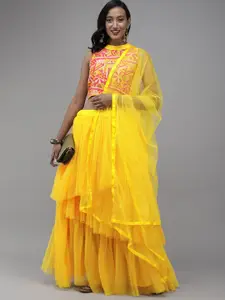 DIVASTRI Yellow Embroidered Tiered Semi-Stitched Lehenga & Blouse with Dupatta