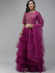 DIVASTRI Purple Embroidered Tiered Semi-Stitched Lehenga & Blouse with Dupatta