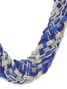 RICHEERA Blue & Off-White Silver-Plated Beaded Braided Necklace