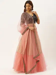Ethnovog Peach-Coloured  Navy Gotta Work Made to Measure Lehenga  Blouse with Dupatta