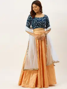 Ethnovog Teal Blue  Peach-Coloured Embellished Made to Measure Lehenga Set