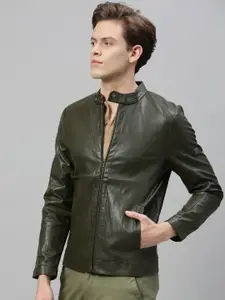 RARE RABBIT Men Olive Green Solid Insulator Biker Jacket