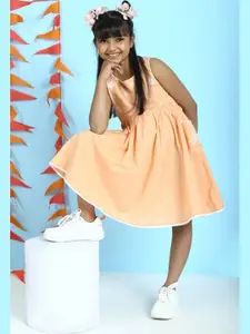 Biba Orange & White Floral Printed Cotton A-Line Dress