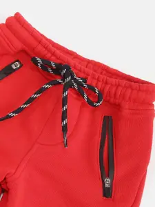 Gini and Jony Boys Red Solid Fleece Lined Pure Cotton Joggers with Printed Back Detail