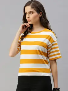 The Roadster Lifestyle Co Women Gold Yellow Striped Round Neck Pure Cotton T-shirt