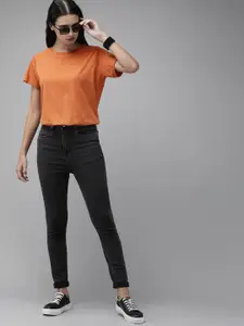 The Roadster Lifestyle Co Women Rust Orange Solid Round Neck Pure Cotton T-shirt