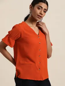 all about you Women Rust Orange V-Neck Bell Sleeves Top