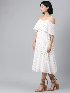 SASSAFRAS Women White & Coral Red Heart Shaped Printed Off-Shoulder Maxi Dress