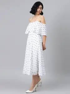 SASSAFRAS Women White & Black Printed A-Line Dress With Cold-Shoulder Sleeves