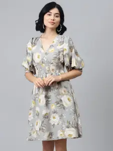 SASSAFRAS Women Grey & Beige Floral Printed Empire Dress