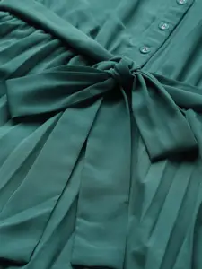 SASSAFRAS Women Teal Green Solid Accordion Pleated A-Line Dress & Belt