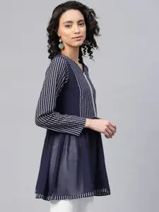 Ahalyaa Women Navy Blue & White Printed Semi-Sheer Kurti