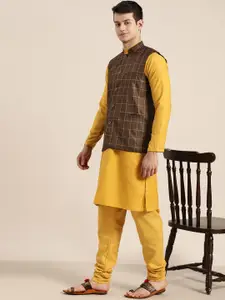 SOJANYA Men Mustard Yellow & Coffee Brown Solid Kurta with Churidar With Nehru Jacket