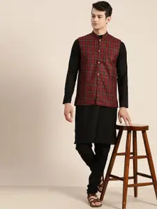 SOJANYA Men Black & Maroon Solid Kurta with Churidar & Nehru Jacket
