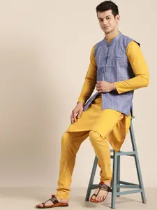 SOJANYA Men Mustard Yellow Solid Kurta with Churidar & Nehru Jacket