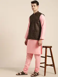 SOJANYA Men Pink & Brown Solid Kurta with Churidar & Nehru Jacket