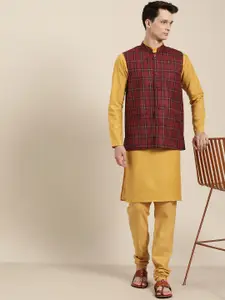 SOJANYA Men Mustard Yellow & Maroon Solid Kurta with Churidar With Nehru Jacket