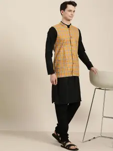 SOJANYA Men Black & Mustard Yellow Solid Kurta with Churidar & Nehru Jacket