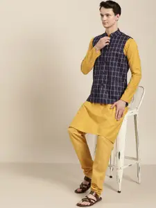 SOJANYA Men Mustard Yellow & Navy Blue Solid Kurta with Churidar With Nehru Jacket