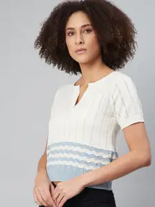 The Roadster Lifestyle Co White & Blue Crochet Knit Pure Cotton Woven Design Regular Top