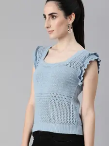 The Roadster Lifestyle Co Blue Puff Sleeve Crochet Regular Top