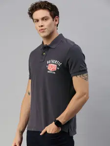 U.S. Polo Assn. Denim Co. Men Charcoal Grey Solid Polo Collar T-shirt With Printed Detail