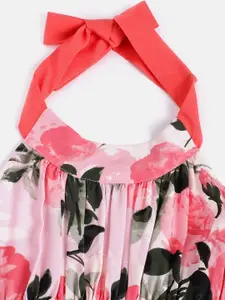 pspeaches Girls Pink & Green Floral Print Fit and Flare Dress