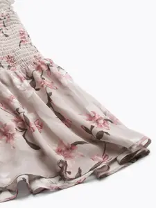 SASSAFRAS Women Beige & Dusty Pink Floral Printed Smocked A-Line Skirt