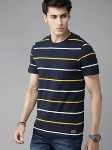 The Roadster Lifestyle Co Men Navy Blue & Yellow Striped Cotton T-shirt