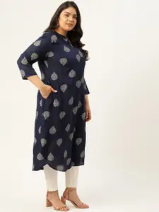 Sztori Women Plus Size Navy Blue & Off White Ethnic Motifs Print Straight Kurta