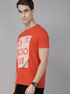 U.S. Polo Assn. Denim Co. Men Orange Printed Round Neck Pure Cotton T-shirt