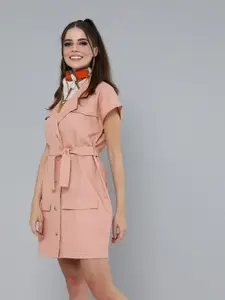 SASSAFRAS Women Pink Solid Shirt Dress With Waist Tie-Up Detail