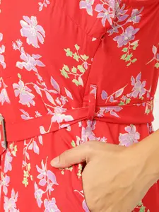 DressBerry Women Red & Lavender Floral Print A-Line Dress with Belt