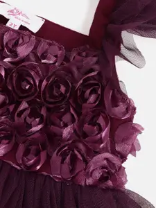 Bella Moda Girls Maroon Floral Embellished Fit and Flare Dress with Tie-Ups