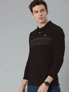 WROGN Men Black  Grey Slim Fit Striped Polo Collar Pure Cotton T-shirt