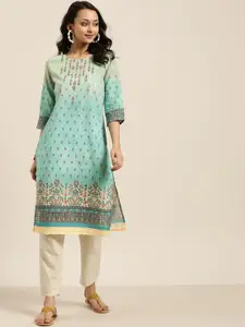 Sangria Women Green & Pink Floral Chikankari Embroidered Sequins Kurta