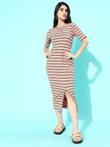DressBerry Women Attractive Peach Striped Knitted Dress