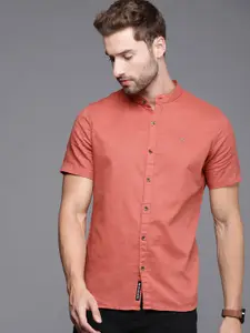 WROGN Men Coral Red Solid Slim Fit Pure Cotton Casual Shirt