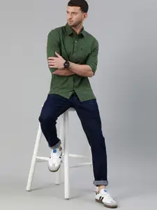 WROGN Men Green & Navy Blue Slim Fit Striped Casual Shirt