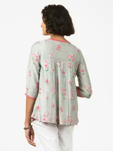 Fabindia Blue & Pink Floral Printed Keyhole Neck Pleated A-line Top