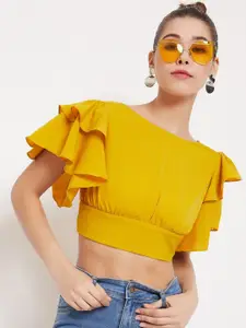 Berrylush Mustard Yellow Flutter Sleeves Styled Back Crop Top